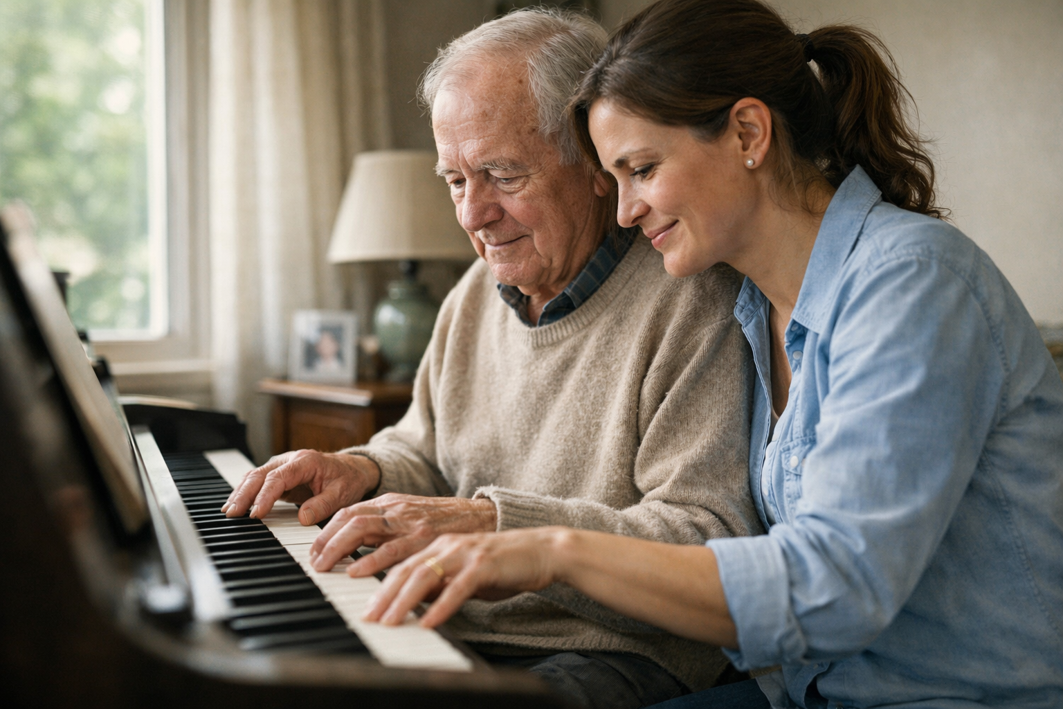 Elderly gentleman playing piano in music therapy session with therapist