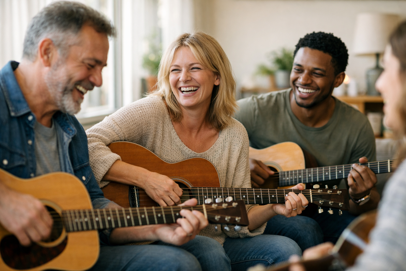 Group of people participating in a music therapy session playing guitars and singing